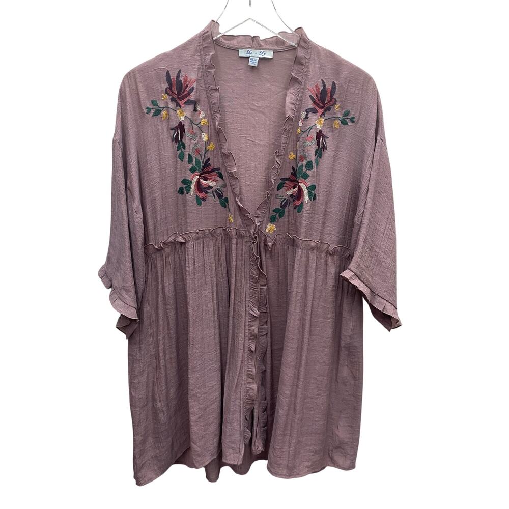 She + Sky Hook & Eye Open Front Light Mauve Cardigan Top Floral Embroidery